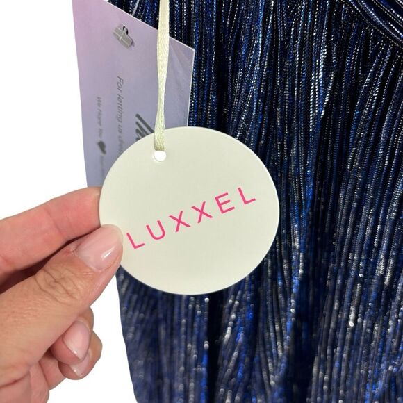 NWT Lulus Stunner Shiny Metallic Backless Maxi Dress Blue Prom Homecoming Size S - Picture 9 of 14
